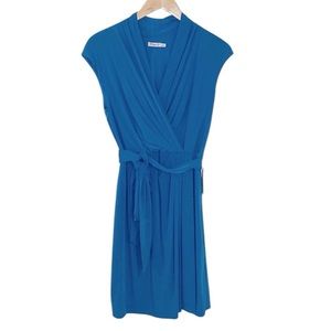 Eliza J Blue Faux Wrap Dress With Cap Sleeves Tie Waist “Missy” Size 10 NWT